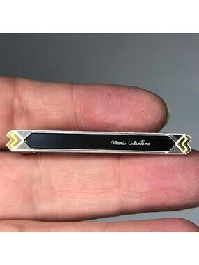934 Mario Valentino Vintage silver Tone black Tie Pin Bar Clip
